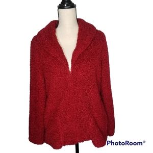 Crimson Red Teddy Bear Zip Jacket L Warm & Cozy!